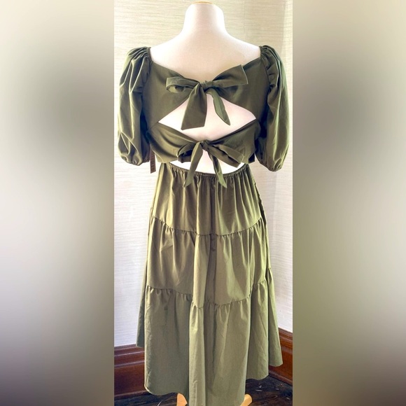 “Just Found”Olive Green Tiered Dress with Tied back Closure - Picture 3 of 9